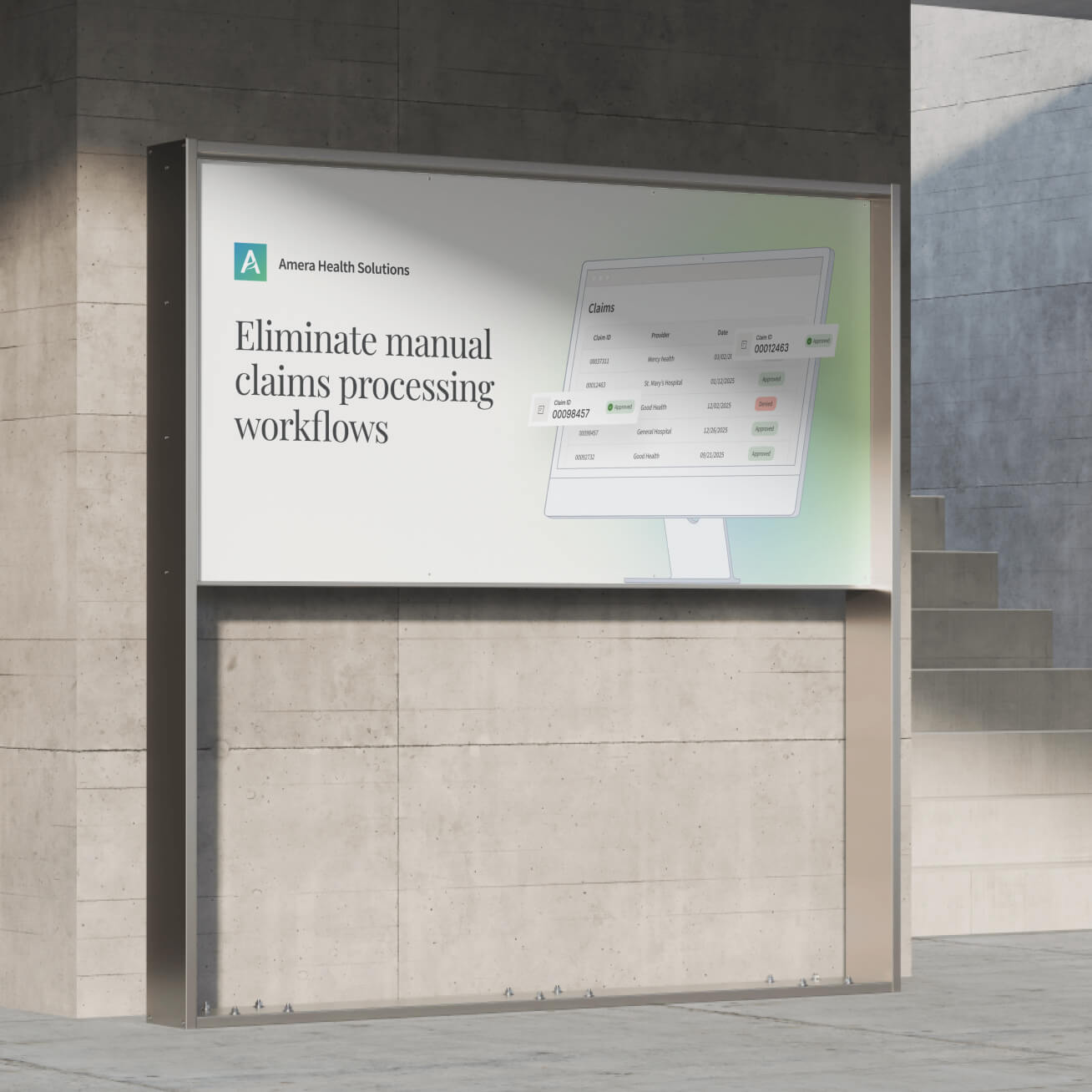Billboard for Amera Health Solutions reading "Eliminate manual claims processing workflows" beside a screen showing a claims approval dashboard