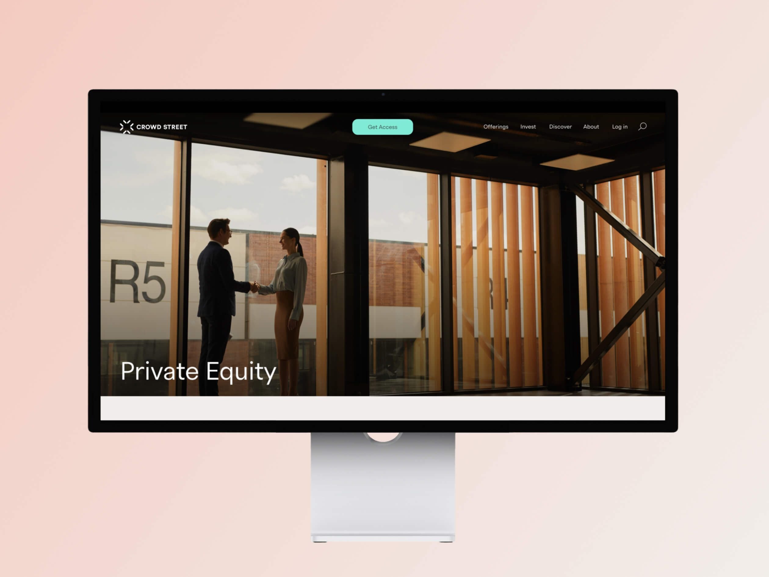 Desktop monitor showing the Crowd Street website homepage with a "Private Equity" banner and two people shaking hands in an office lobby