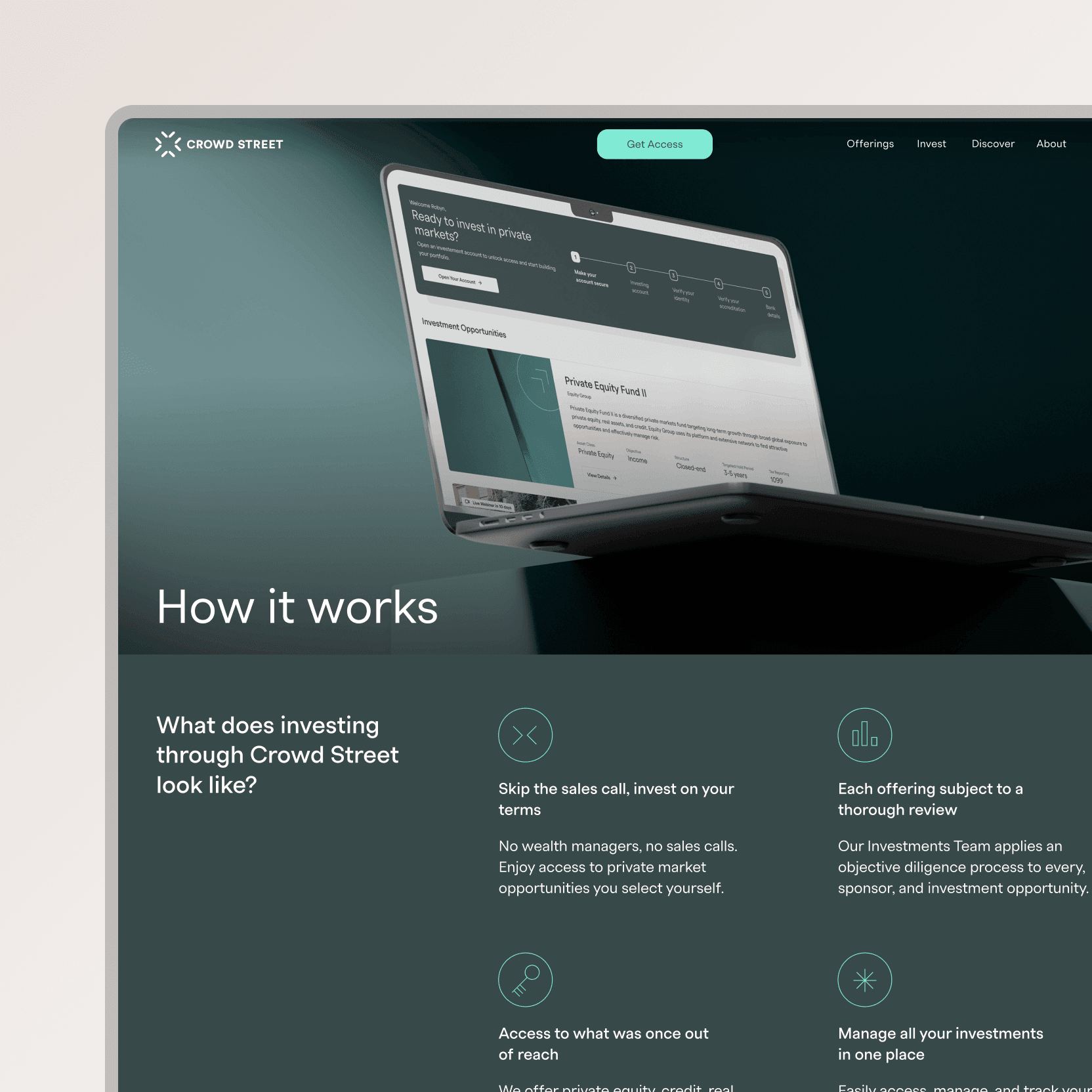 Crowd Street website showing a laptop with investment opportunities and a "How it works" section explaining the platform's investing process