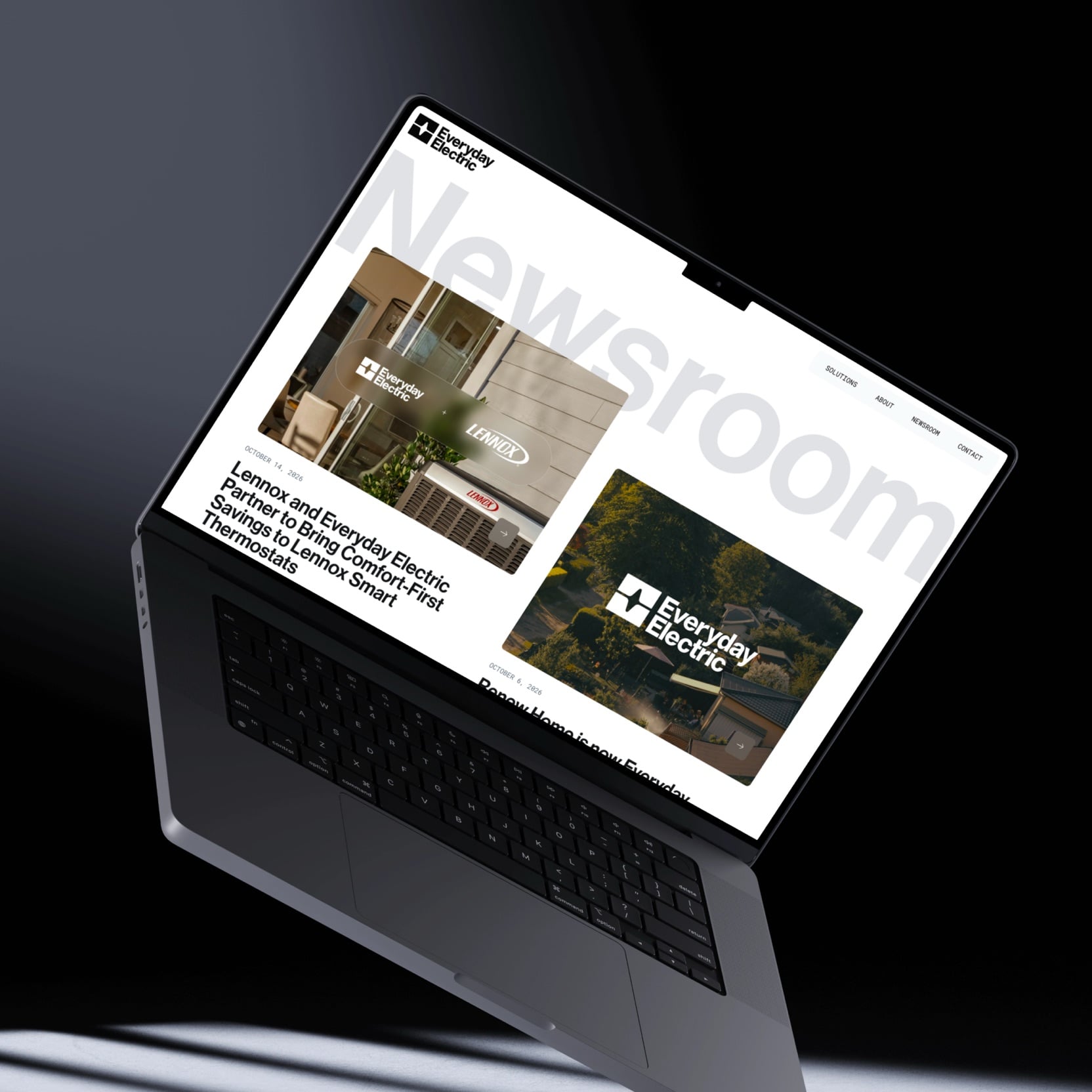 Laptop showing the Everyday Electric newsroom, a large "Newsroom" wordmark behind article cards, the lead one announcing a partnership bringing comfort-first savings to Lennox smart thermostats