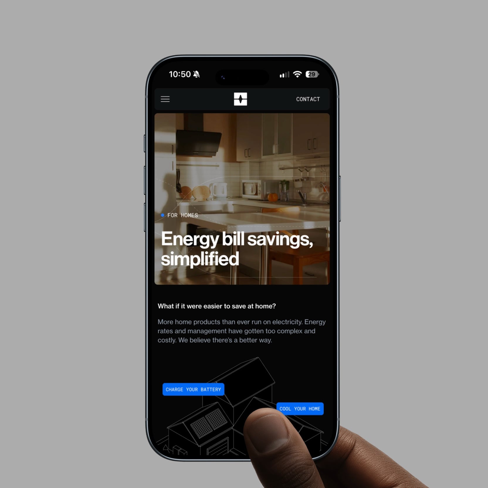 Phone held in one hand showing the Everyday Electric page for homes, "Energy bill savings, simplified" over a kitchen photo, with a line-drawn house below it labelled "charge your battery" and "cool your home"