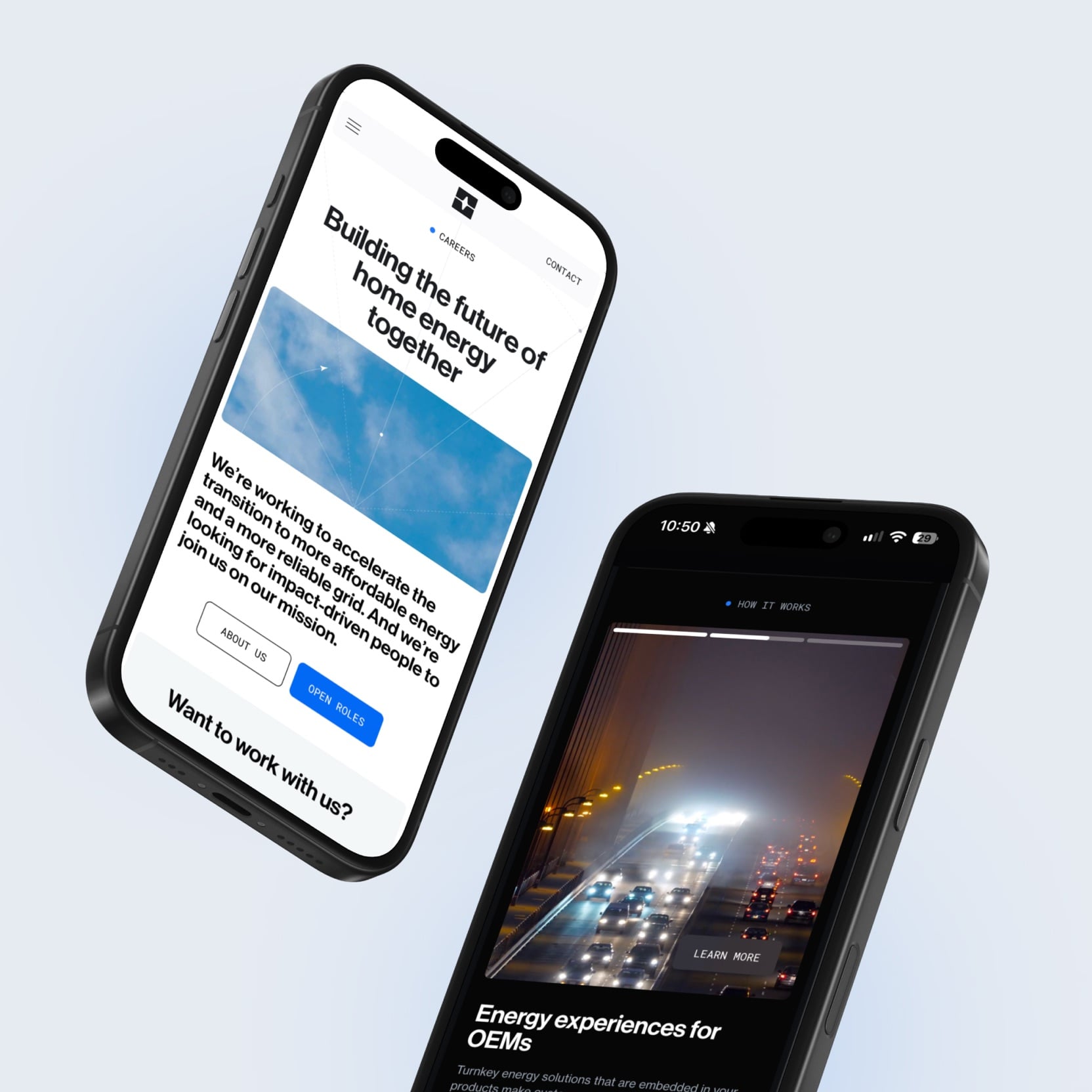 Two phones, one showing the Everyday Electric careers page, "Building the future of home energy together" over a photo of sky, the other an OEM page, "Energy experiences for OEMs" over a night highway