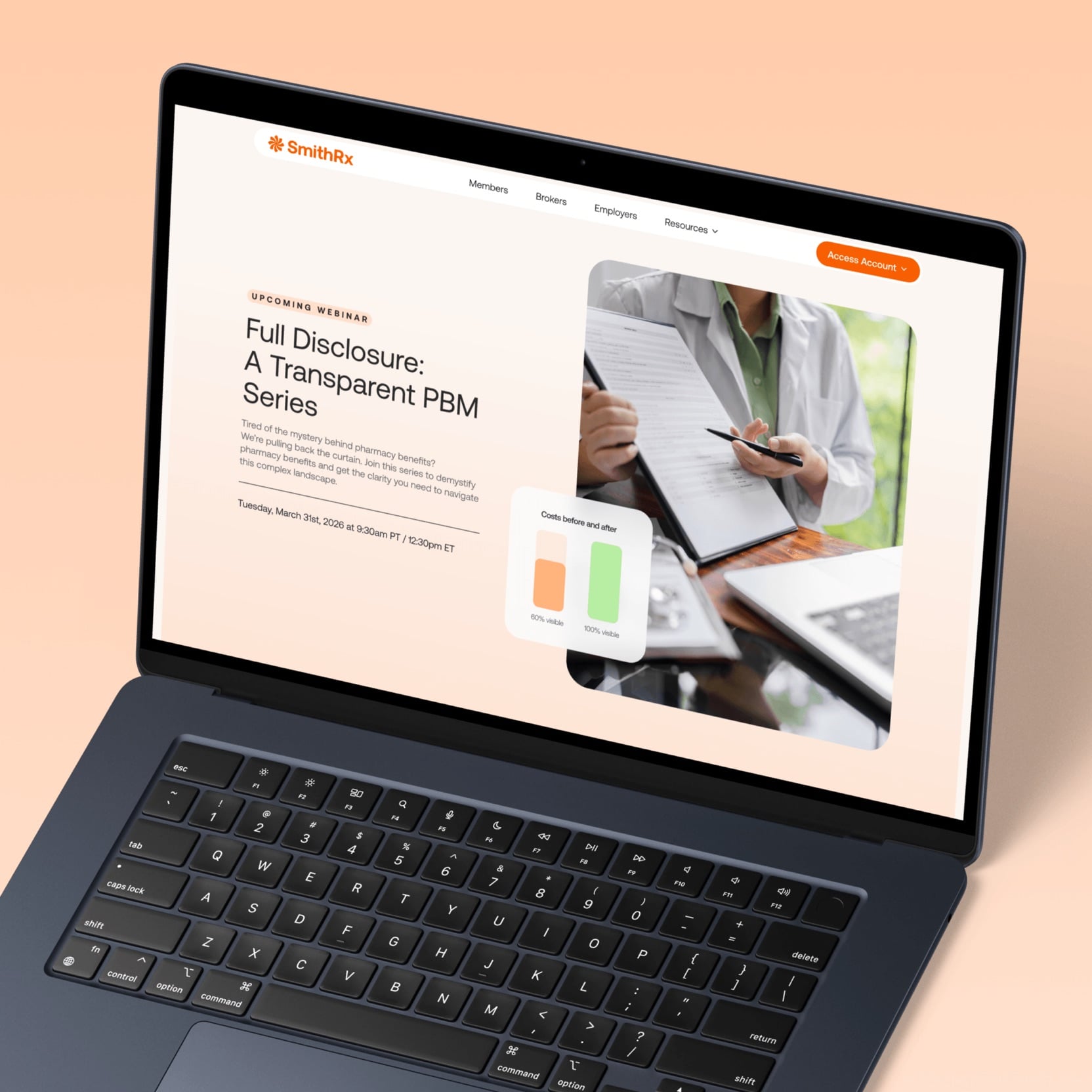 Laptop on a peach background showing SmithRx's webinar page for "Full Disclosure: A Transparent PBM Series" with a costs before and after chart