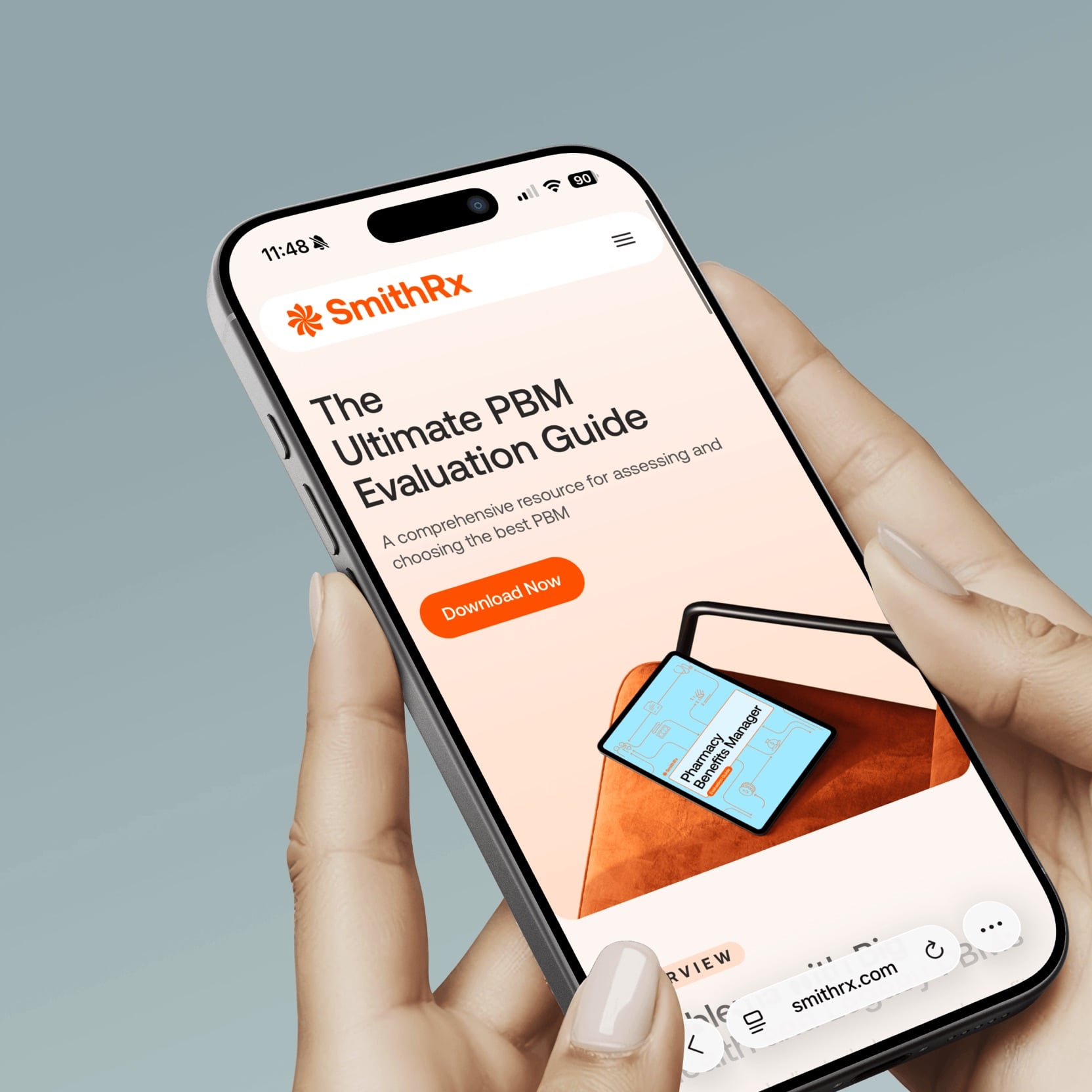 Hands holding a phone showing SmithRx's Ultimate PBM Evaluation Guide page with a Download Now button