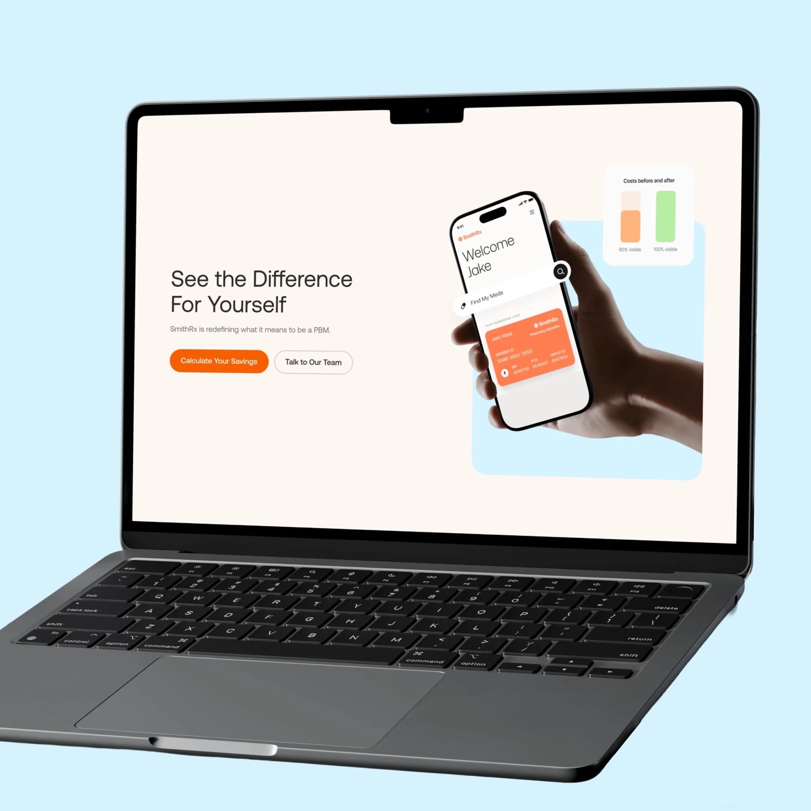 Laptop on a light blue background showing SmithRx's "See the Difference For Yourself" section with Calculate Your Savings and Talk to Our Team buttons