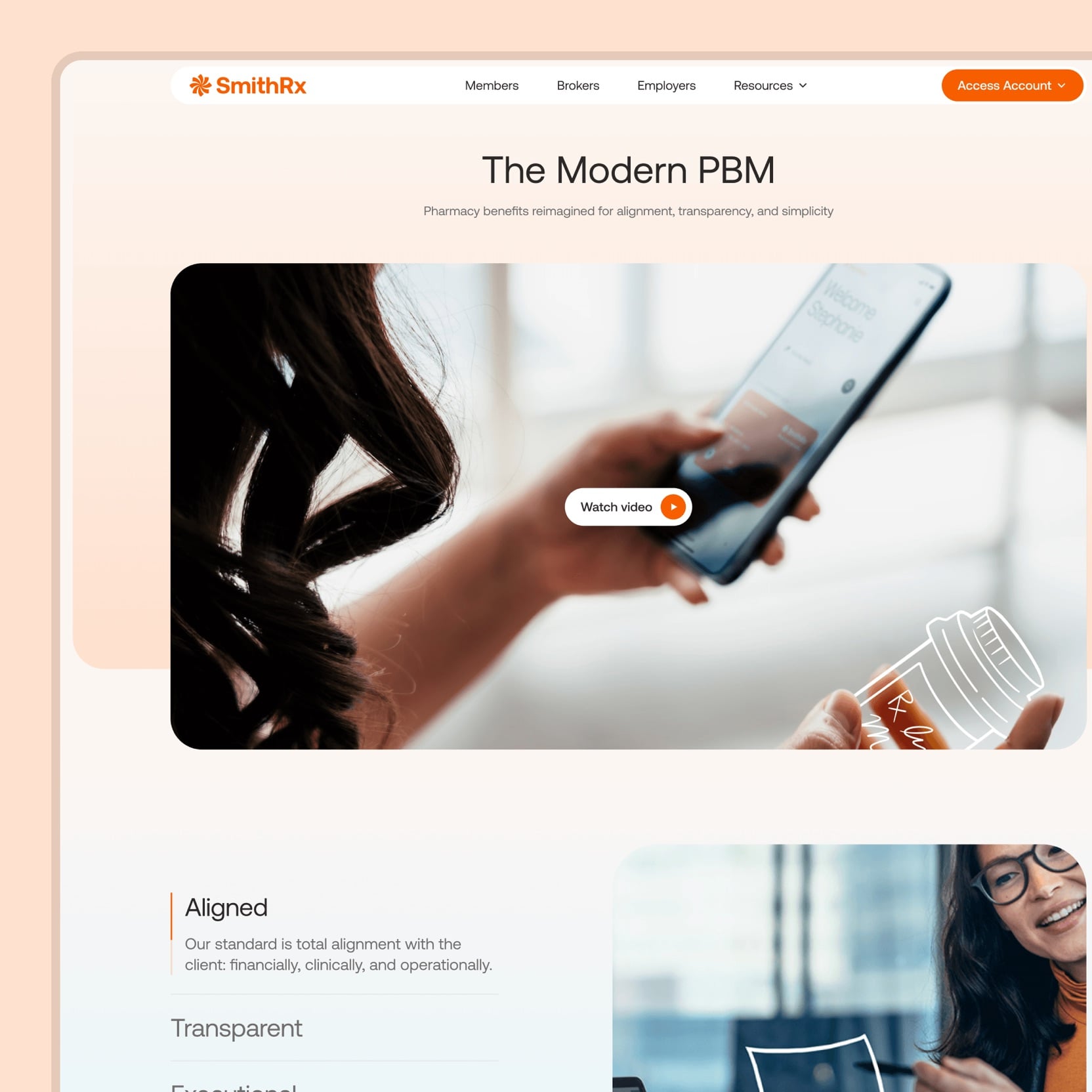 SmithRx's The Modern PBM page, headlined "Pharmacy benefits reimagined for alignment, transparency, and simplicity"