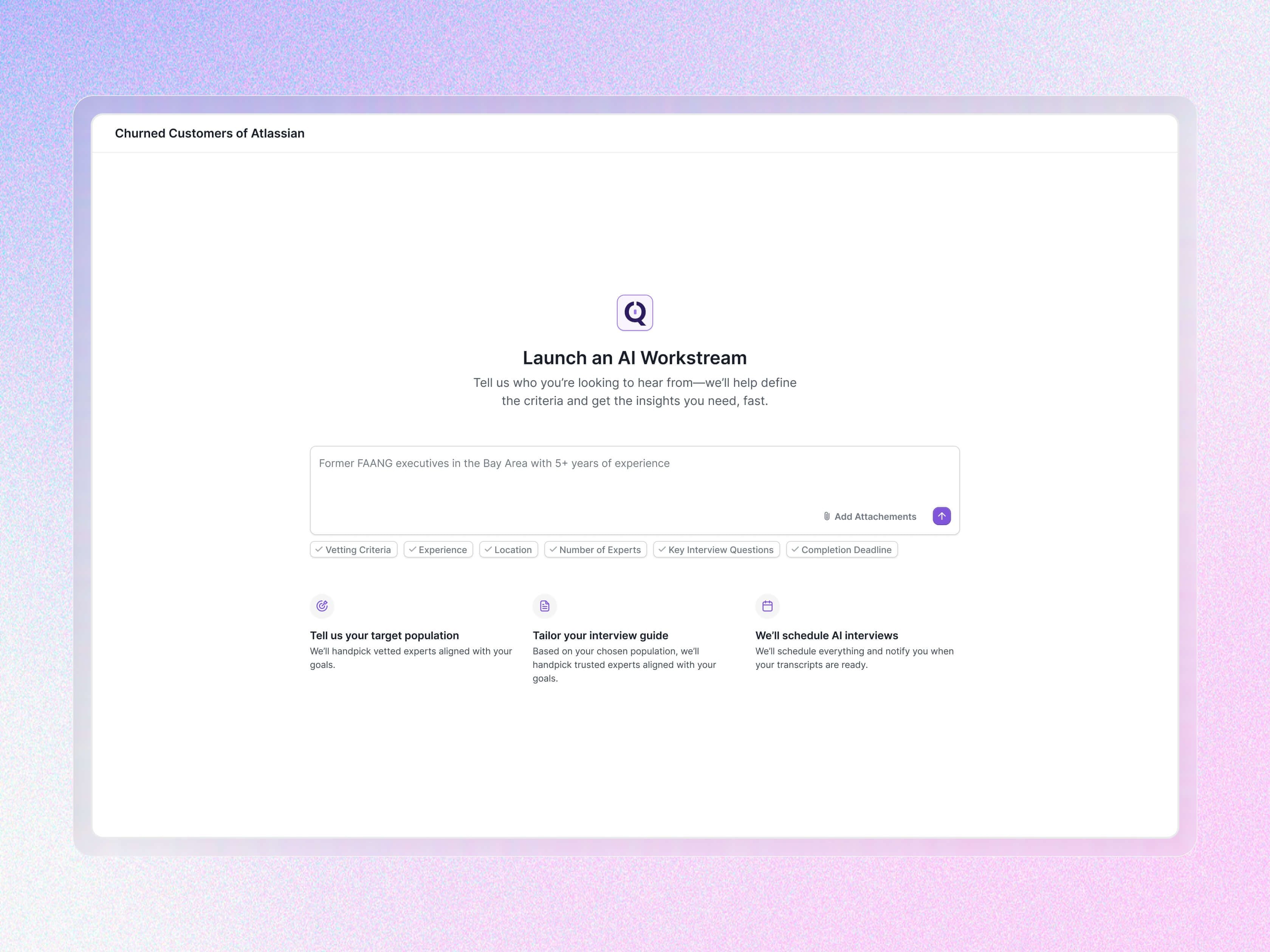 "Launch an AI Workstream" interface for defining a target population to interview, with steps for setting criteria, tailoring an interview guide, and scheduling AI interviews
