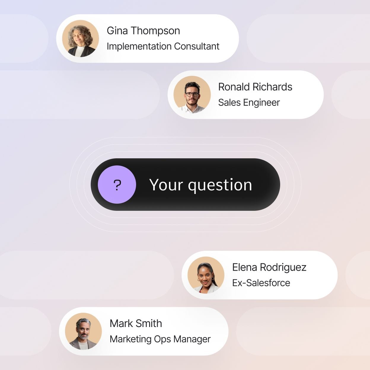 "Your question" surrounded by profile cards of experts like implementation consultants, sales engineers, and marketing managers ready to answer